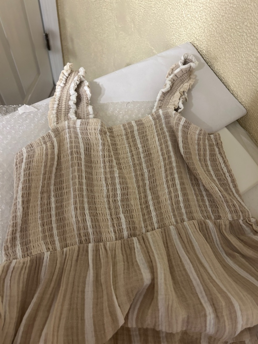 Light Beige and White Striped Maxi Dress - Sleeveless Tiered Summer Dress - Picture 2 of 7